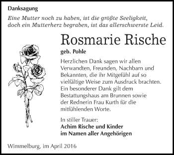 Traueranzeige von Rosmarie Rische von Wochenspiegel Mansfelder Land