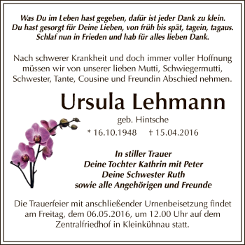 Traueranzeige von Ursula Lehmann von WVG - Wochenspiegel Dessau / Köthen