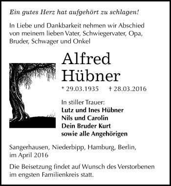 Traueranzeige von Alfred Hübner von Mitteldeutsche Zeitung Sangerhausen
