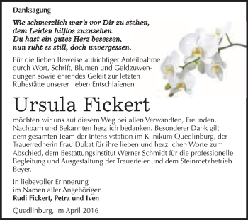 Traueranzeige von Ursula Fickert von WVG - Wochenspiegel Quedlinburg