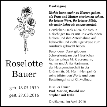 Traueranzeige von Roselotte Bauer von WVG - Wochenspiegel Merseburg