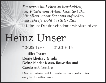 Traueranzeige von Heinz Unser von WVG - Wochenspiegel Bitterfeld
