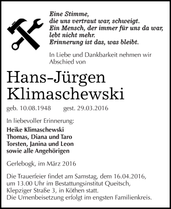 Traueranzeige von Hans-Jürgen Klimaschewski von Super Sonntag Bernburg