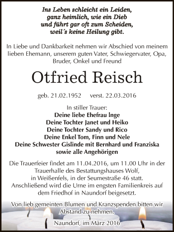 Traueranzeige von Otfried Reisch von Super Sonntag Zeitz
