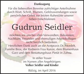 Traueranzeige von Gudrun Seidler von Super Sonntag Wittenberg