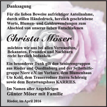 Traueranzeige von Christa Möser von WVG - Wochenspiegel Quedlinburg