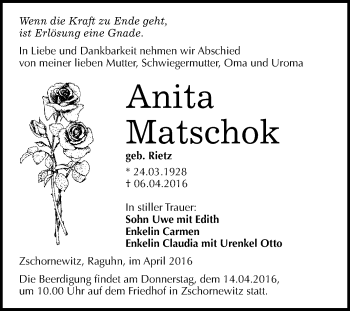Traueranzeige von Anita Matschok von WVG - Wochenspiegel Wittenberg