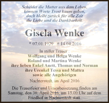 Traueranzeige von Gisela Wenke von Super Sonntag Aschersleben