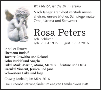 Traueranzeige von Rosa Peters von Super Sonntag Wittenberg