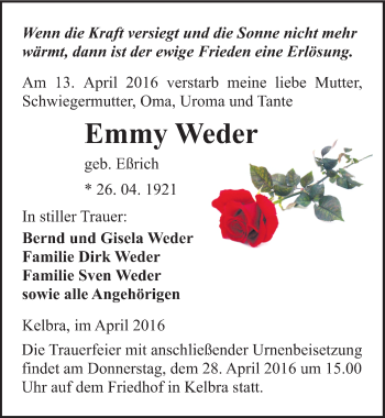 Traueranzeige von Emmy Weder von Mitteldeutsche Zeitung Sangerhausen
