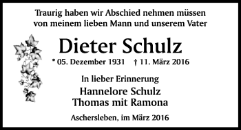 Traueranzeige von Dieter Schulz von Mitteldeutsche Zeitung Aschersleben