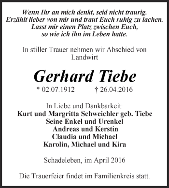 Traueranzeige von Gerhard Tiebe von Super Sonntag Aschersleben