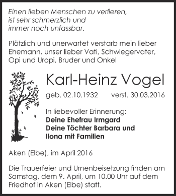 Traueranzeige von Karl-Heinz Vogel von WVG - Wochenspiegel Dessau / Köthen