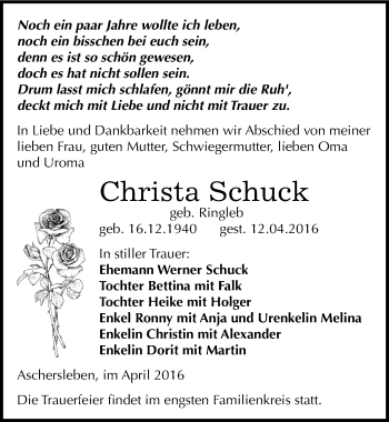 Traueranzeige von Christa Schuck von Mitteldeutsche Zeitung Aschersleben