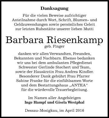 Traueranzeige von Barbara Riesenkamp von Mitteldeutsche Zeitung Dessau-Roßlau