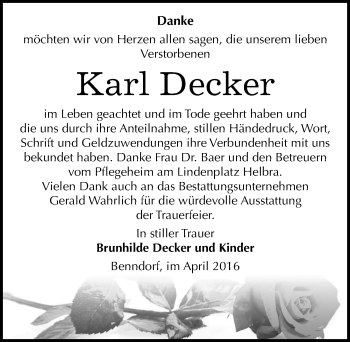 Traueranzeige von Karl Decker von Mitteldeutsche Zeitung Mansfelder Land