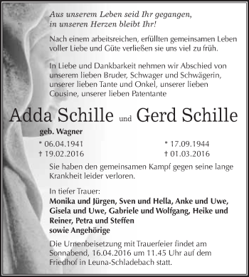 Traueranzeige von Adda und Gerd Schille von WVG - Wochenspiegel Merseburg