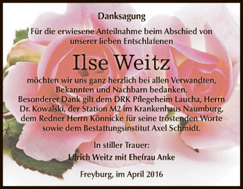 Traueranzeige von Ilse Weitz von WVG - Wochenspiegel NMB / WSF / ZTZ