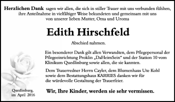 Traueranzeige von Edith Hirschfeld von WVG - Wochenspiegel Quedlinburg