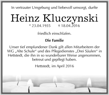 Traueranzeige von Heinz Kluczynski von Mitteldeutsche Zeitung Mansfelder Land