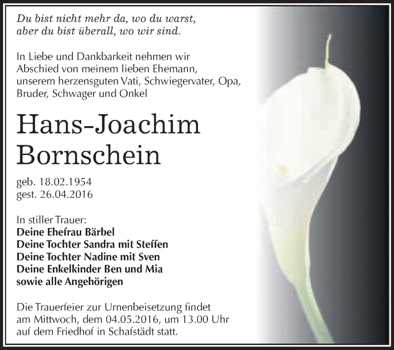  Traueranzeige für Hans-Joachim Bornschein vom 30.04.2016 aus WVG - Wochenspiegel Merseburg