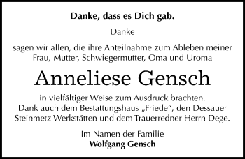 Traueranzeige von Anneliese Gensch von Mitteldeutsche Zeitung Dessau-Roßlau