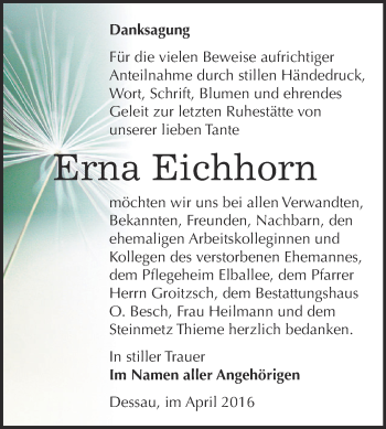 Traueranzeige von Erna Eichhorn von WVG - Wochenspiegel Dessau / Köthen