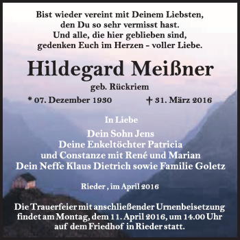 Traueranzeige von Hildegard Meißner von WVG - Wochenspiegel Quedlinburg