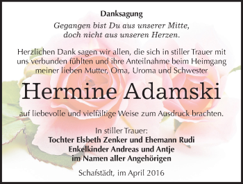 Traueranzeige von Hermine Adamski von Mitteldeutsche Zeitung Merseburg/Querfurt