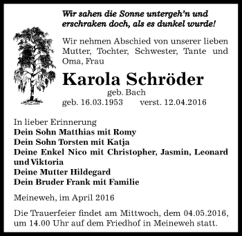 Traueranzeige von Karola Schröder von Mitteldeutsche Zeitung Zeitz