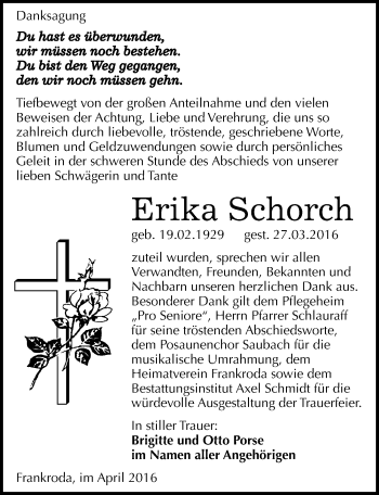 Traueranzeige von Erika Schorch von Mitteldeutsche Zeitung Naumburg/Nebra