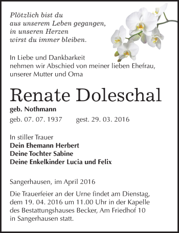 Traueranzeige von Renate Doleschal von Mitteldeutsche Zeitung Sangerhausen