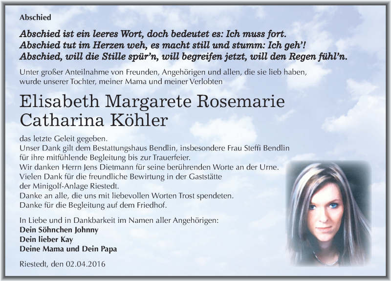  Traueranzeige für Elisabeth Margarete Rosemarie Catharina Köhler vom 09.04.2016 aus Mitteldeutsche Zeitung Sangerhausen