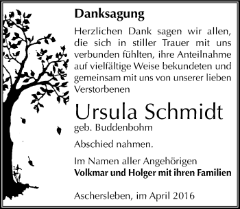 Traueranzeige von Ursula Schmidt von Mitteldeutsche Zeitung Aschersleben