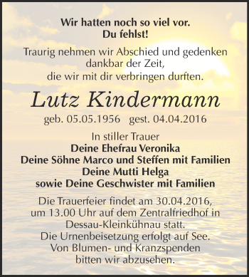 Traueranzeige von Lutz Kindermann von WVG - Wochenspiegel Dessau / Köthen