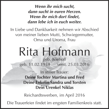 Traueranzeige von Rita Hofmann von WVG - Wochenspiegel NMB / WSF / ZTZ