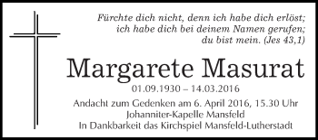 Traueranzeige von Margarete Masurat von Super Sonntag SGH Mansf. Land