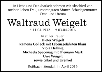 Traueranzeige von Waltraud Weigelt von Mitteldeutsche Zeitung Naumburg/Nebra