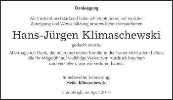 Traueranzeige von Hans-Jürgen Klimaschewski von WVG - Wochenspiegel Dessau / Köthen