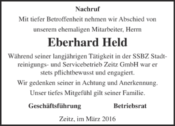Traueranzeige von Eberhard Held von Super Sonntag Zeitz