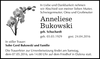 Traueranzeige von Anneliese Bukowski von Mitteldeutsche Zeitung Halle/Saalkreis