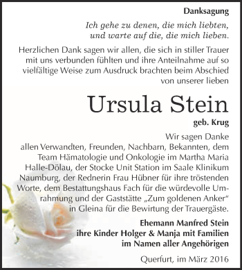 Traueranzeige von Ursula Stein von WVG - Wochenspiegel Merseburg