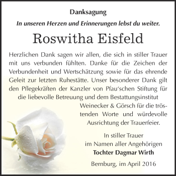 Traueranzeige von Roswitha Eisfeld von Super Sonntag Bernburg