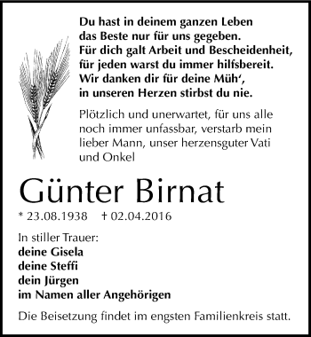 Traueranzeige von Günter Birnat von Mitteldeutsche Zeitung Dessau-Roßlau