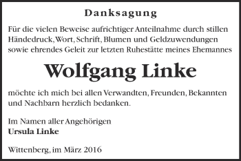 Traueranzeige von Wolfgang Linke von WVG - Wochenspiegel Dessau / Köthen