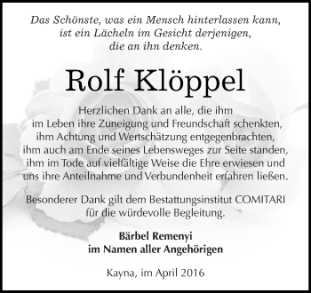 Traueranzeige von Ralf Klöppel von Super Sonntag Zeitz