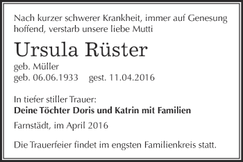 Traueranzeige von Ursula Rüster von WVG - Wochenspiegel NMB / WSF / ZTZ