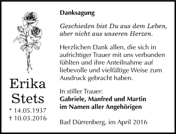 Traueranzeige von Erika Stets von Mitteldeutsche Zeitung Merseburg/Querfurt