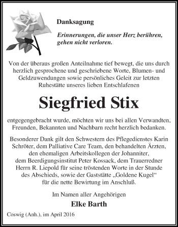 Traueranzeige von Siegfried Stix von WVG - Wochenspiegel Dessau / Köthen