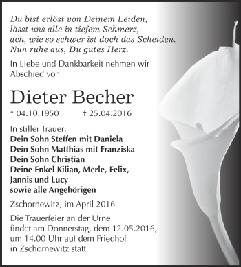 Traueranzeige von Dieter Becher von WVG - Wochenspiegel Wittenberg